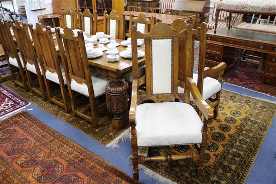 A set of 12 17th century style oak dining chairs